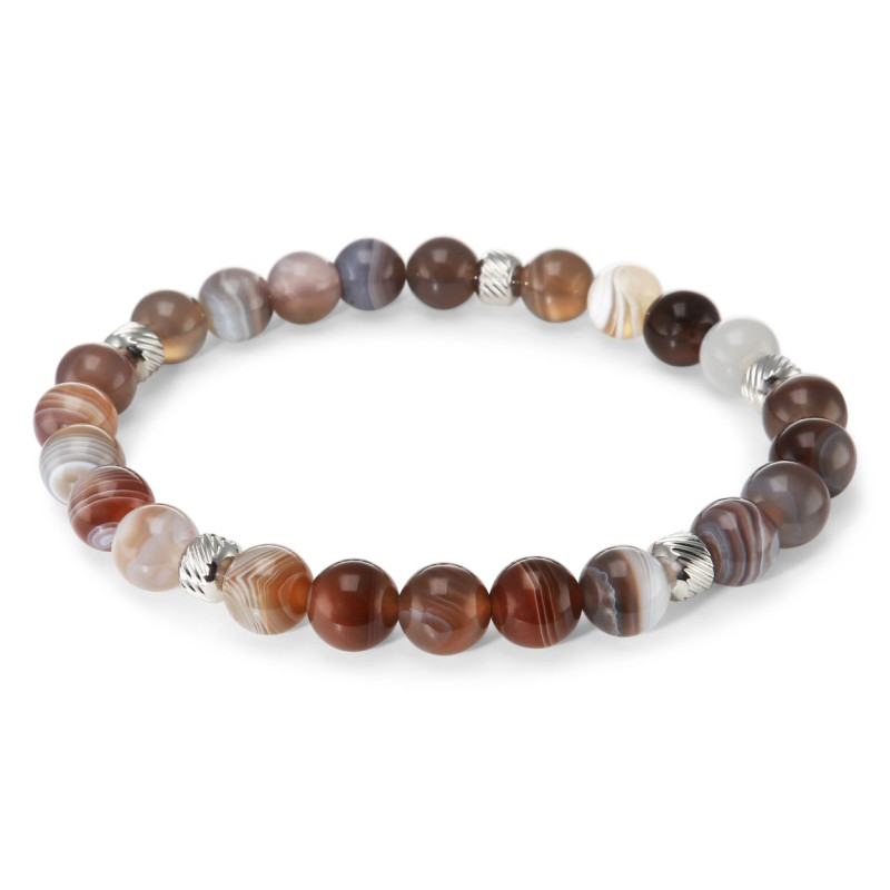 Bracelet Homme Agate Botswana 8mm et billes striées en acier