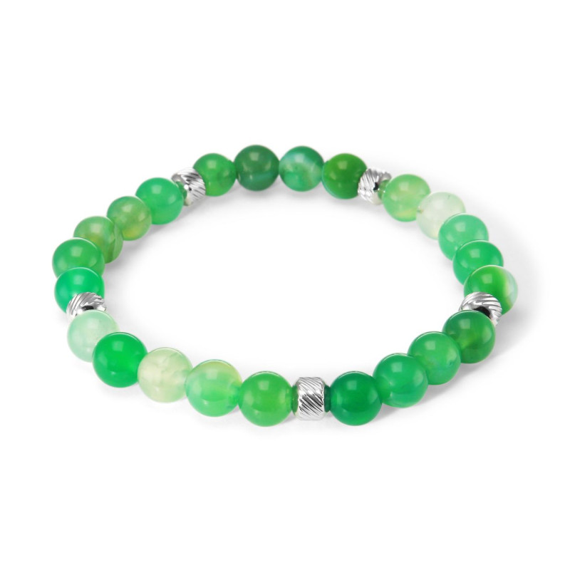 Bracelet Homme Agate Verte 8mm et billes striées en acier