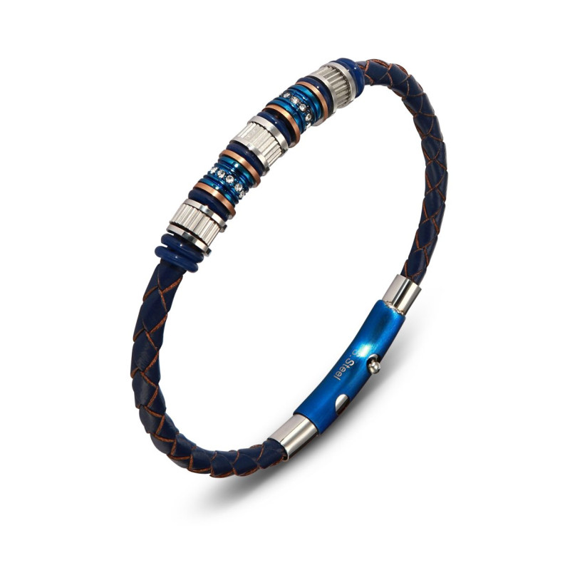 Bracelet homme Cuir bleu, Acier et Oxydes de zirconium 7mm x 21cm