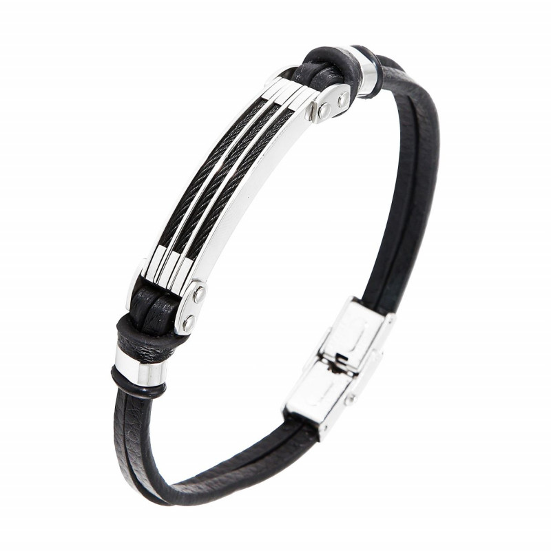 Bracelet homme cuir noir, acier et caoutchouc 10x21cm