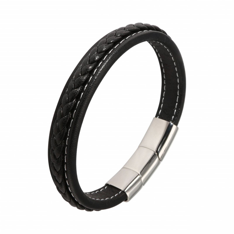 Bracelet Homme Cuir Tressé Noir et Acier