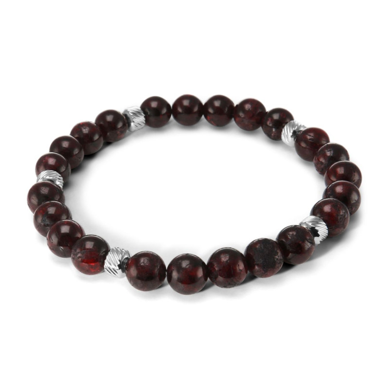 Bracelet Homme Grenat 8mm et billes striées en acier