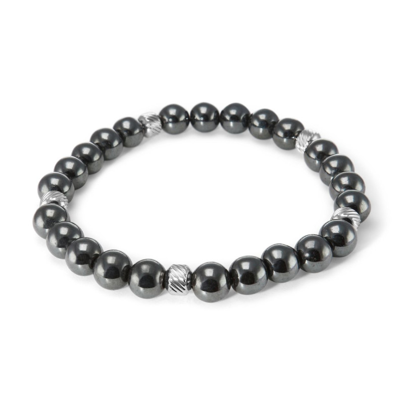 Bracelet Homme Hematite 8mm et billes striées en acier