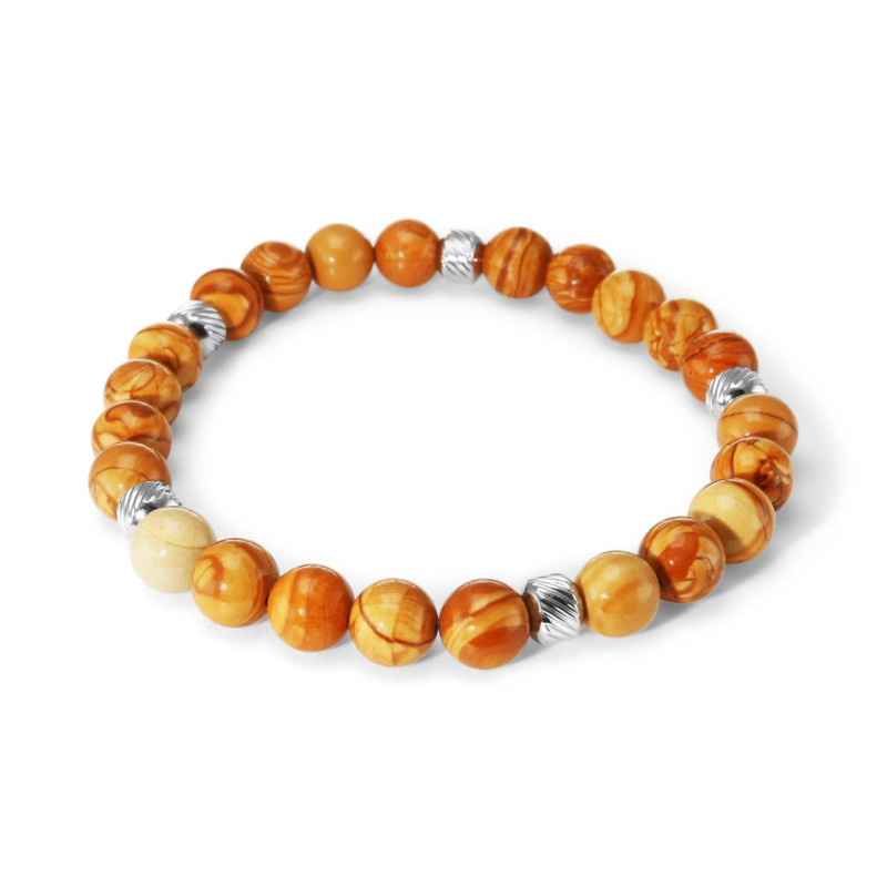 Bracelet Homme Jaspe Bois 8mm et billes striées en acier