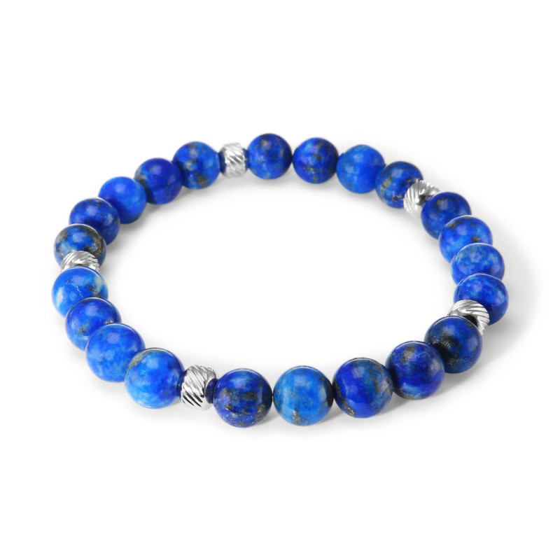 Bracelet Homme Lapis 8mm et billes striées en acier