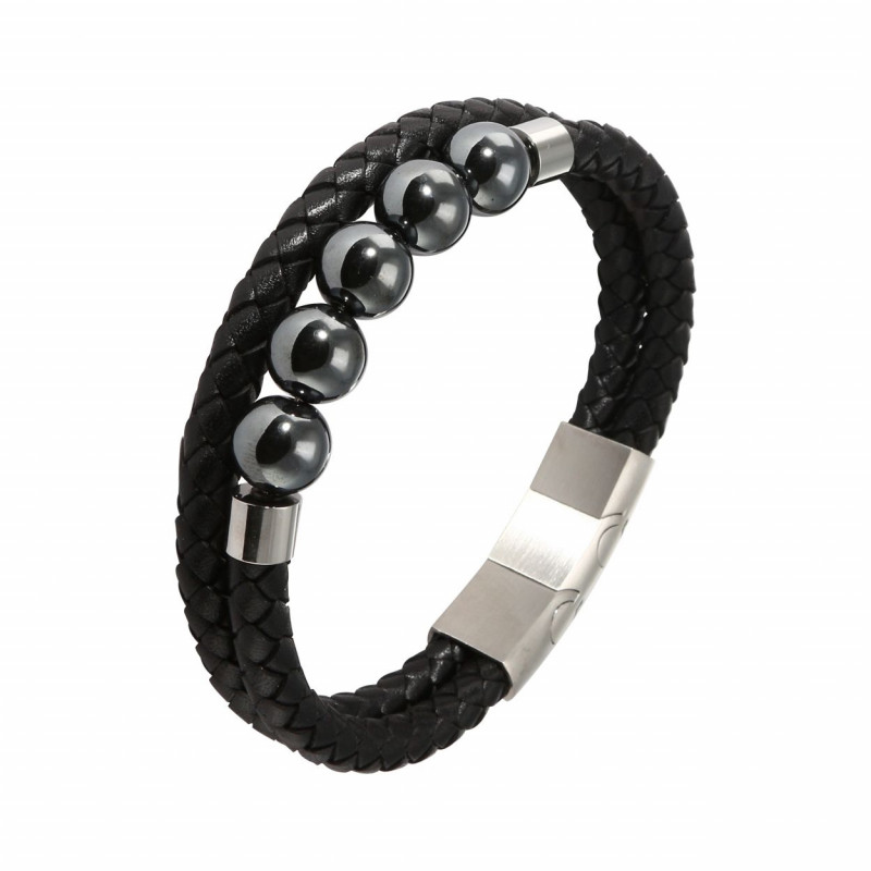 Bracelet Homme Multi-rangs Cuir Marron et Hematite