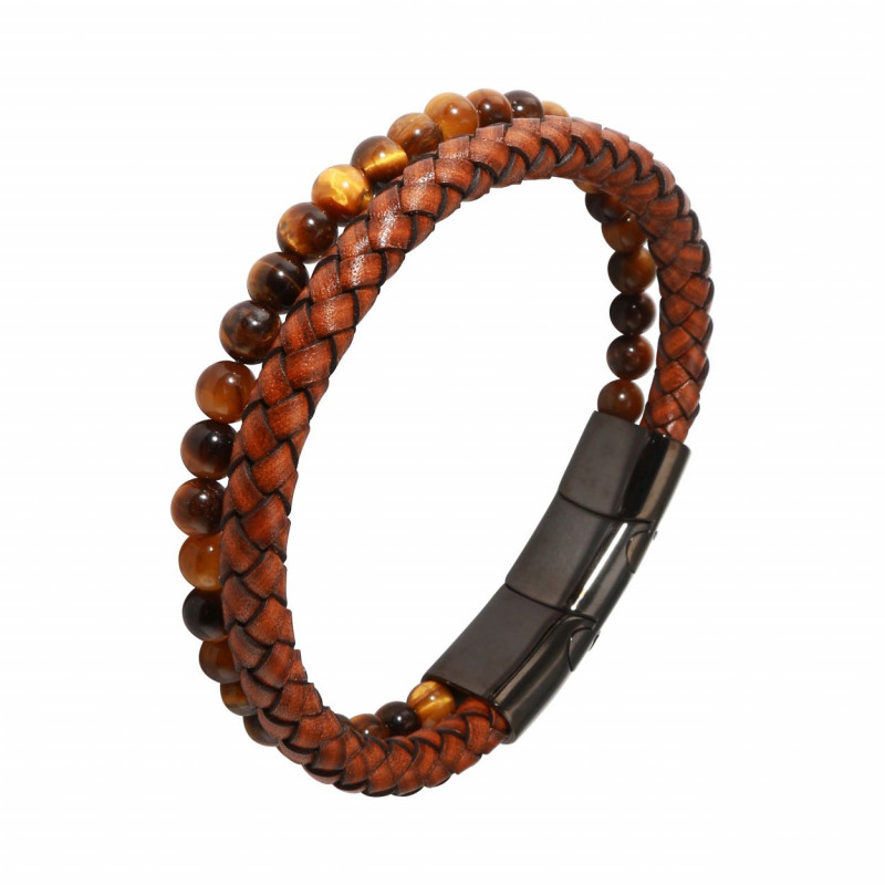 Bracelet Homme Multi-rangs Cuir Marron et Oeil de tigre