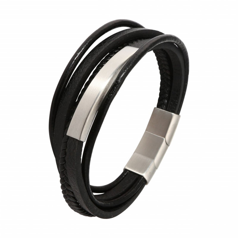 Bracelet Homme Multi-rangs Cuir Noir et Acier