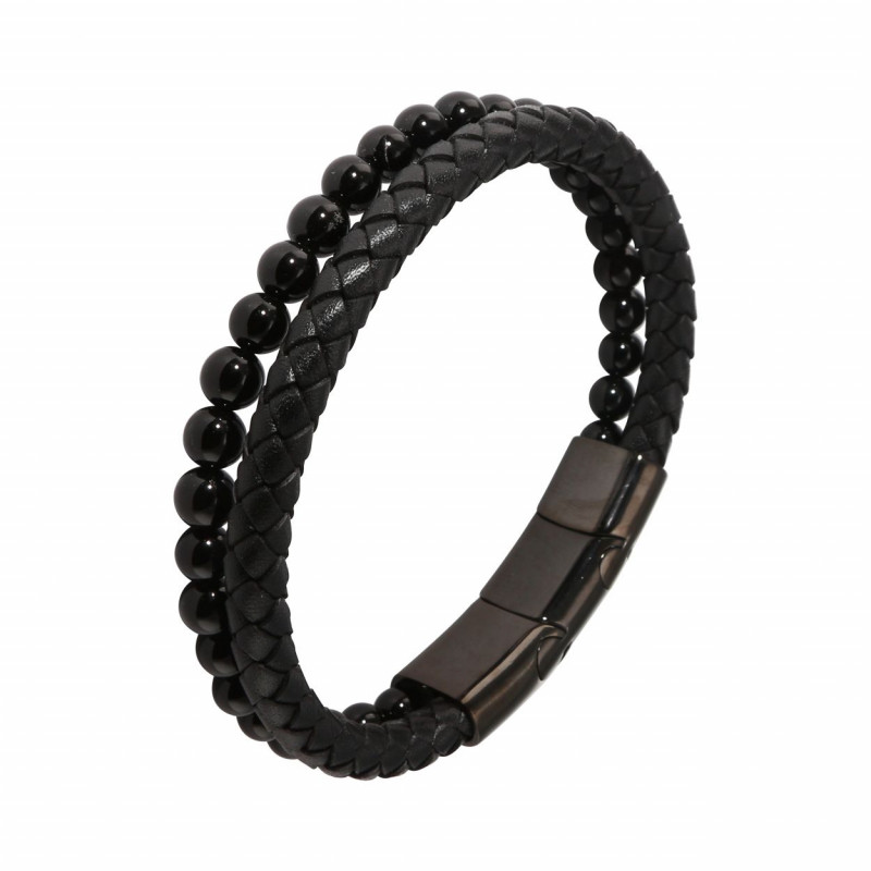 Bracelet Homme Multi-rangs Cuir Noir et Onyx