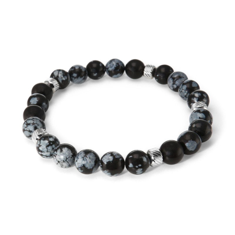 Bracelet Homme Obsidienne 8mm et billes striées en acier