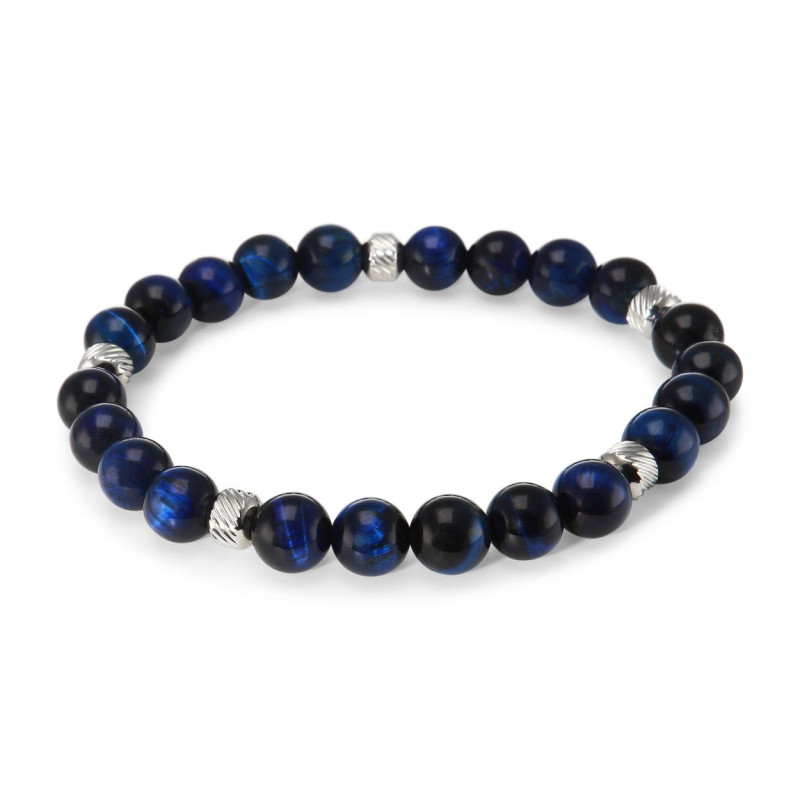 Bracelet Homme Oeil de Tigre bleu 8mm et billes striées en acier