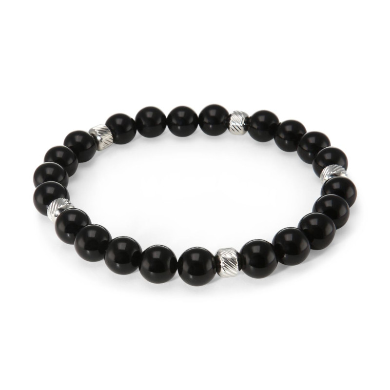 Bracelet Homme Onyx 8mm et billes striées en acier