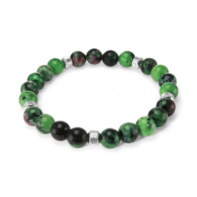 Bracelet Homme Rubis Zoisite 8mm et billes striées en acier