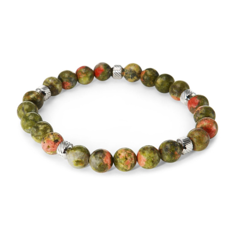 Bracelet Homme Unakite 8mm et billes striées en acier