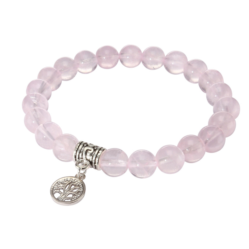 Bracelet Quartz Rose 8mm et Breloque Arbre de Vie