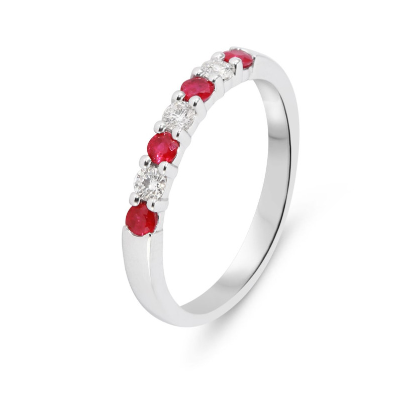 Demi Alliance Or Blanc 750 Rubis et Diamant