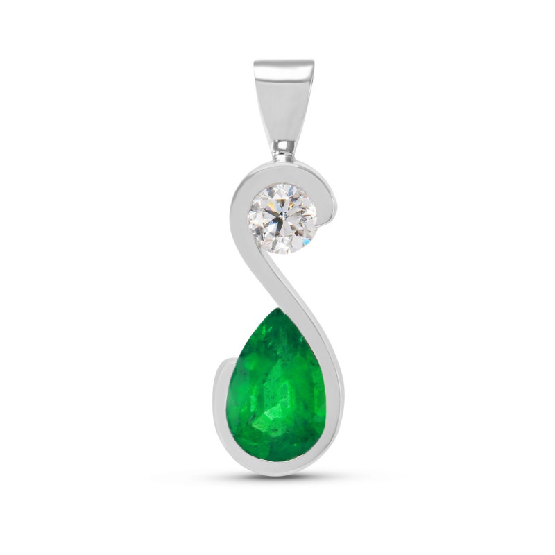 Pendentif Or Blanc 750 Emeraude Poire 9x6mm AAA et Diamant