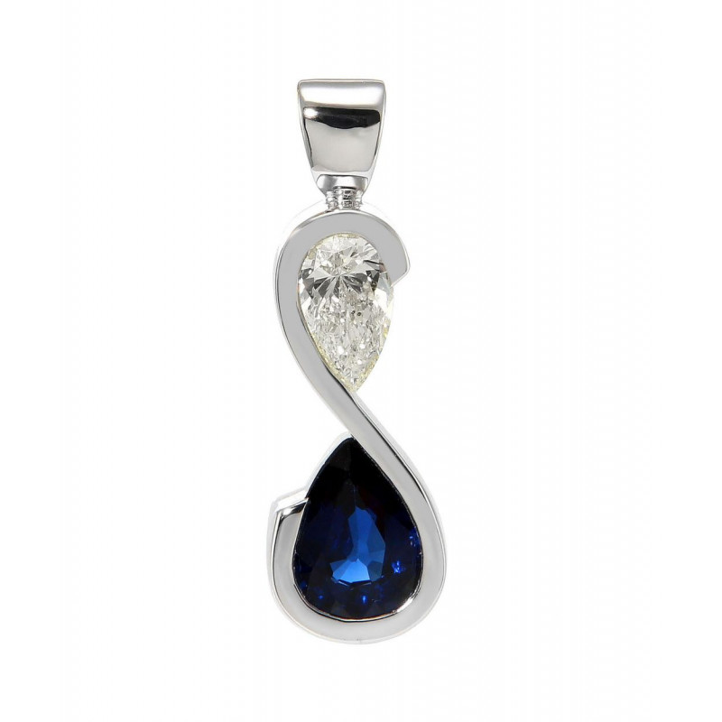 Pendentif Or Blanc 750 Saphir AAA poire 8x6mm Bleu Royal et Diamant