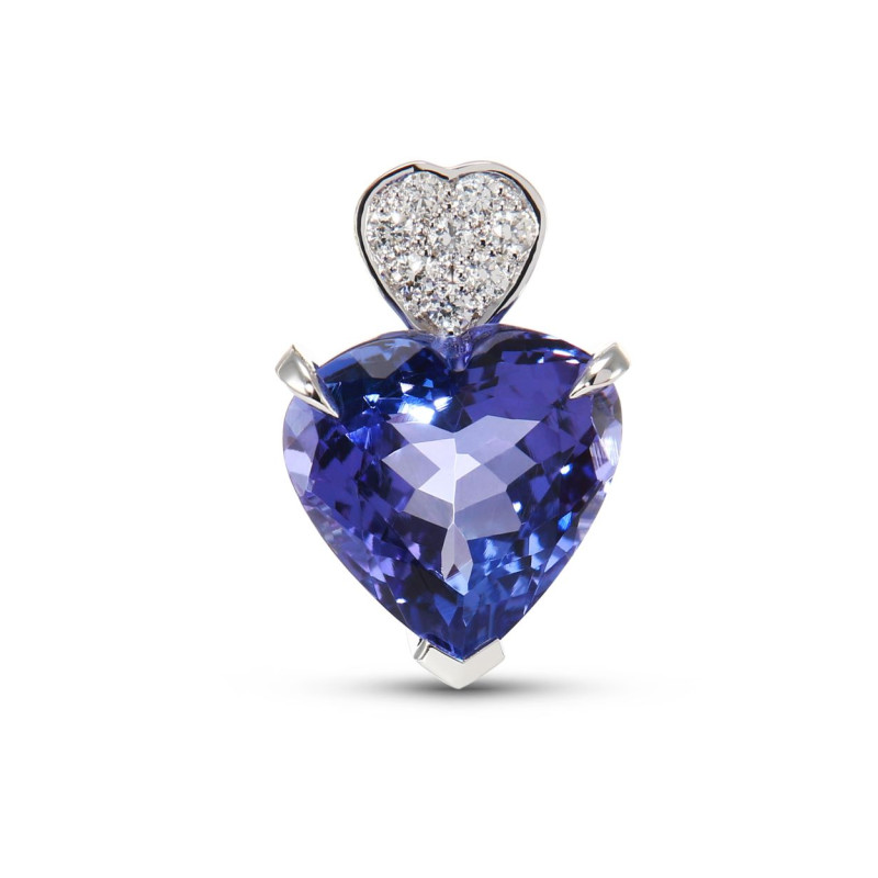 Pendentif Or Blanc 750  Tanzanite AAA coeur 10mm et diamants