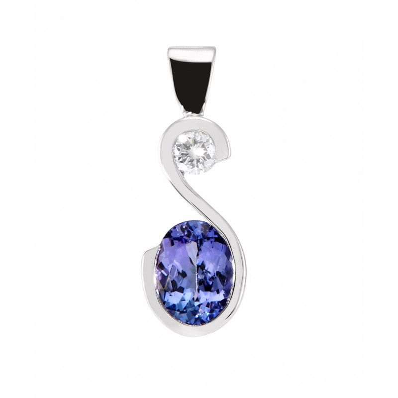 Pendentif Or Blanc 750 Tanzanite AAA Ovale 8x6mm et Diamant