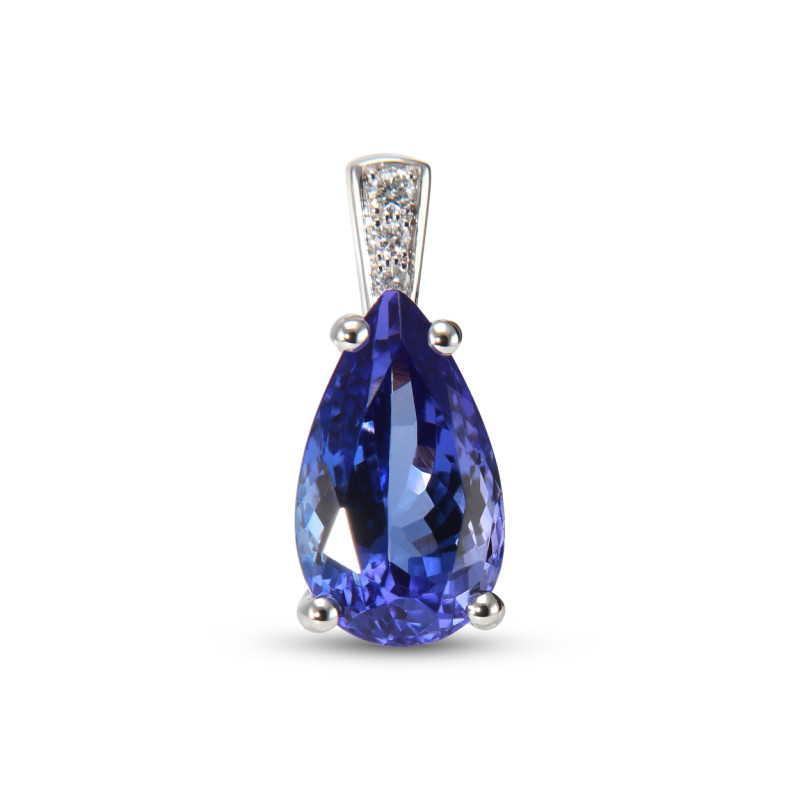 Pendentif Or Blanc 750 Tanzanite AAA Poire 12x8mm et Diamant