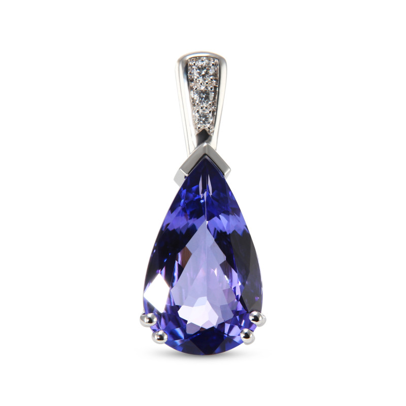 Pendentif Or Blanc 750 Tanzanite AAA poire 16x10mm et diamants