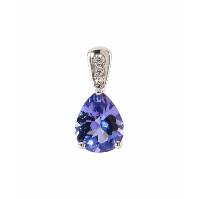 Pendentif Or Blanc 750 Tanzanite AAA Poire de 9x7mm et Diamants