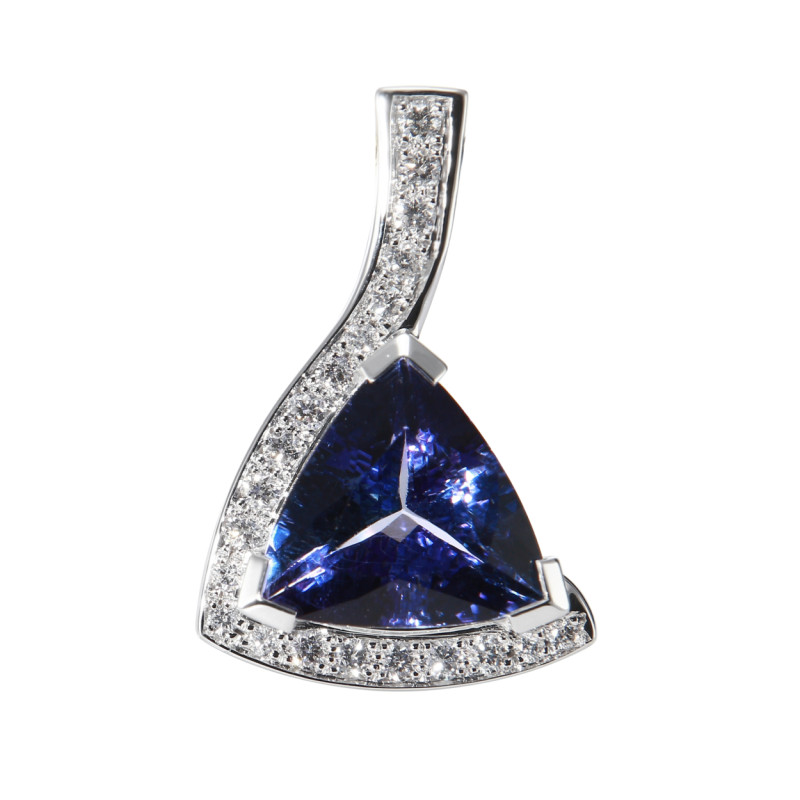 Pendentif Or Blanc 750 Tanzanite AAA Trillion 9mm et Diamants