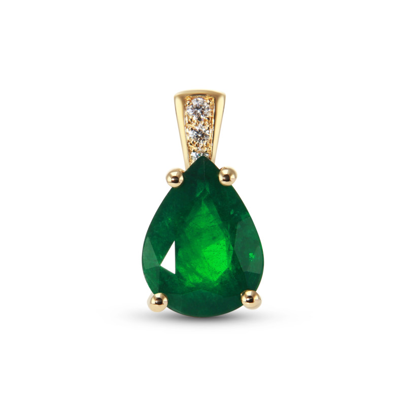 Pendentif  Or Jaune 750 Emeraude AAA poire 11x9mm et diamants