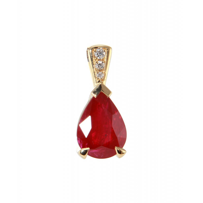 Pendentif Or Jaune 750 Rubis AAA poire 10x7mm et diamants