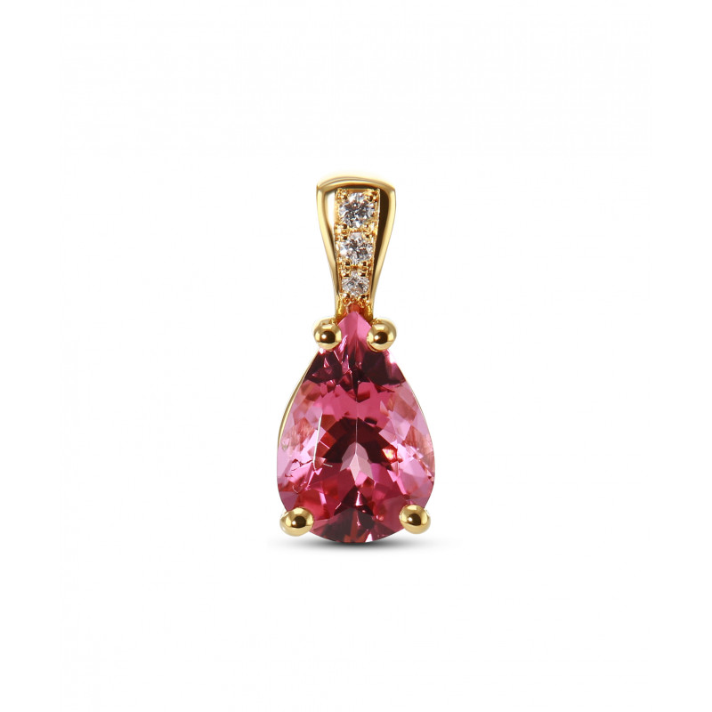 Pendentif Or Jaune 750 Tourmaline Rose Poire 9x7mm et Diamants