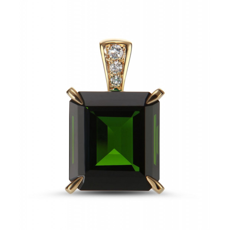 Pendentif Or Jaune 750 Tourmaline Verte AAA Rectangulaire 12.7x11.7mm et diamants