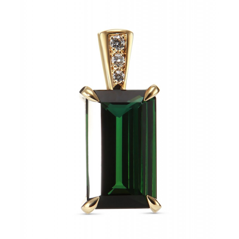 Pendentif Or Jaune 750 Tourmaline Verte AAA rectangulaire et diamants