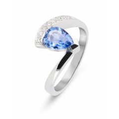 Bague Or Blanc 750 Saphir Ceylan poire 8x6mm AAA et diamants