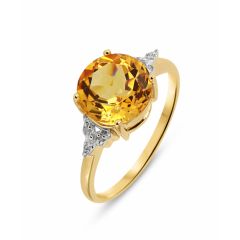 Bague Or jaune 375 Citrine Ronde 9mm et Diamant