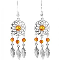 Boucles d'oreilles pendantes argent attrape rêve et ambre