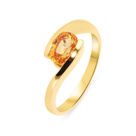 Bague en Or Jaune 750  Saphir Orange Traité Ovale 8x6mm