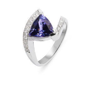 Bague Or Blanc 750 Tanzanite AAA Trillion 8.5mm et Diamants