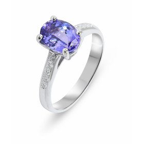 Bague Or Blanc 750 Tanzanite Ovale de 8x6mm et Diamant