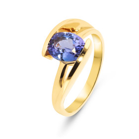 Bague en or jaune 750 sertie d&#39;une Tanzanite AAA ovale de 9x7mm (1,7 carat). La Tanzanite est maintenue par un serti d...