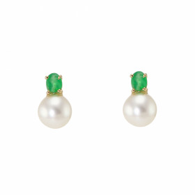 Boucles d'oreilles en Or jaune 750/1000 serties d'une Emeraude de 4x3mm et d'un Perle blanche de 6mm de diam&egrave;tre