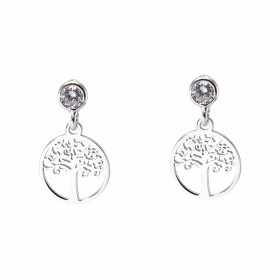 Boucles d'oreilles pendantes en argent rhodié composées d'un arbre de vie dans un cercle de 10mm de diamètre et un oxyde d...