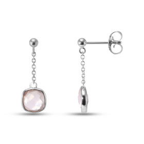 Boucles d'oreilles Pendantes Argent Rhodié Quartz rose coussin