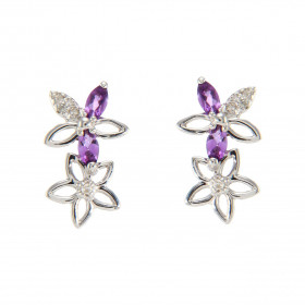 Boucles d'oreilles Pendantes Fleurs Or Blanc 375 Améthyste et Diamant