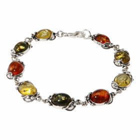 Bracelet Argent Ambre Multicolore Pierres ovales 10x8mm entourées d un motif fleur argent vieilli Largeur du bracelet : 10...