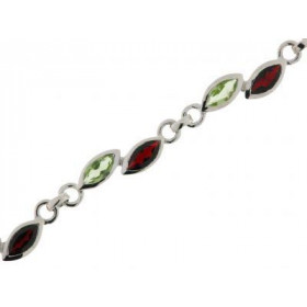 Bracelet Argent 925 et pierres fines (Grenat et P&eacute;ridot) serti de pierres taille navette de 6x3mm. Longueur : 19cm