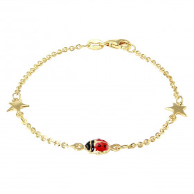 Bracelet enfant or jaune 375 coccinelle et étoiles 6,3mm x 14cm