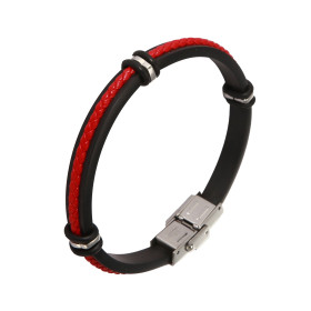 Bracelet Homme en Acier et caoutchouc noir composé d'une tresse en cuir rouge, 6 caoutchouc et 3 anneaux d'acier. Largeur ...