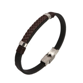 Bracelet Homme en Acier et Cuir Noir avec un tresse en cuir marron sur le dessus entourée de 2 anneaux d'acier. Largeur : ...