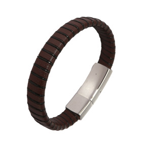 Bracelet Homme en Acier et Cuir marron. Largeur : 11,6mm. Longueur : 20cm